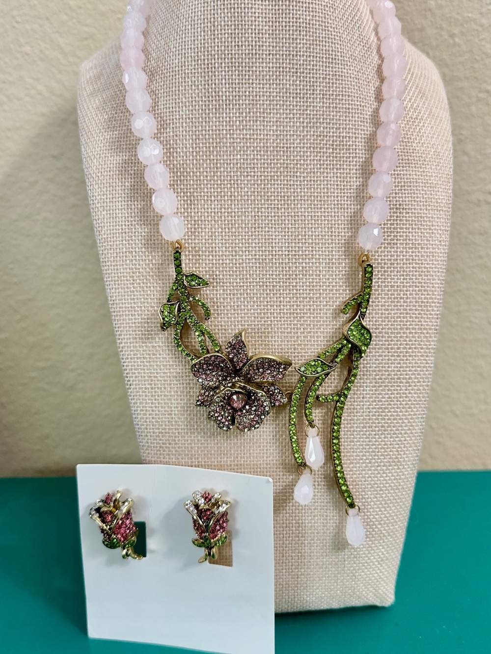 Floral Crystal Vine Necklace and Earring Set - Pink & Green